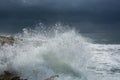 Heavy clouds with stormy waves beating against rocks and cliffs