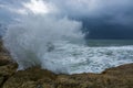 Heavy clouds with stormy waves beating against rocks and cliffs