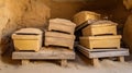 Heavy coffins lie on sand floor in an very small old dusty cemetery crypt in a cave