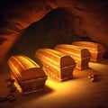 Heavy coffins lie on sand floor in an very small old dusty cemetery crypt in a cave