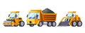 Heavy Construction Cars. Cartoon Vector Tip Truck Hauls And Unloads Materials Like Gravel. Roller Compacts Road Surfaces Royalty Free Stock Photo