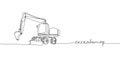 Heavy Construction Equipment, Excavator, backhoe loader, crawler loader one line art. Continuous line drawing of repair