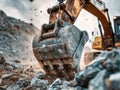Heavy construction excavator bucket digging and lifting rocks and dirt at an active mining or building site with dynamic dust and Royalty Free Stock Photo