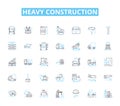 Heavy construction linear icons set. Excavation, Bulldozer, Grader, Crane, Backhoe, Trencher, Roller line vector and