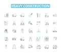 Heavy construction linear icons set. Excavation, Bulldozer, Grader, Crane, Backhoe, Trencher, Roller line vector and