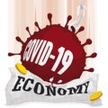 Heavy Coronavirus Shape falling over Economy Symbolising COVID-19 Crisis, Vector Illustration