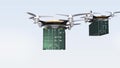 Heavy drones landing on ground for delivering cargo containers