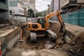 Heavy duty construction equipment working at construction site. An excavator digging a deep pit on an urban road, AI Generated Royalty Free Stock Photo