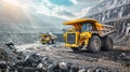 Heavy-duty dump trucks operate in a mining site, transporting materials in a rugged landscape Royalty Free Stock Photo