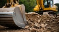 Heavy duty excavator bucket on a construction site ready for digging earth and rocks Royalty Free Stock Photo