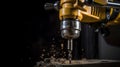 A heavy-duty industrial drill drilling into a metal surfa three created with generative AI