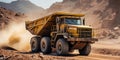 Heavy-duty machinery in action at a dusty lithium mining site with a large industrial yellow dump truck transporting materials in