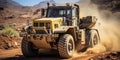 Heavy-duty machinery in action at a dusty lithium mining site with a large industrial yellow dump truck transporting materials in