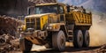 Heavy-duty machinery in action at a dusty lithium mining site with a large industrial yellow dump truck transporting materials in