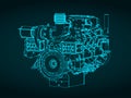 Heavy duty marine diesel engine isometric blueprint Royalty Free Stock Photo