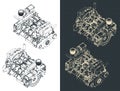 Heavy duty marine diesel engine isometric blueprints Royalty Free Stock Photo