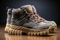 Heavy-Duty Work Boots with Tan Soles on Dark Background Royalty Free Stock Photo