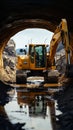 Heavy equipment in action: Caterpillar excavator digs, overlooking construction site and concrete pipe.