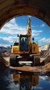 Heavy equipment in action: Caterpillar excavator digs, overlooking construction site and concrete pipe.