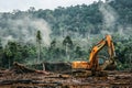 Deforestation with heavy machinery in dense forest
