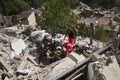 Heavy equipment and emergency workers in earthquake damage, Pescara del Tronto, Italy Royalty Free Stock Photo