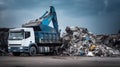 Heavy equipment in the front of a truck dumping piles of garbage, in the style of light white and azure, Generative AI