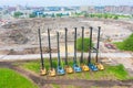 Heavy equipment for installing piles in the ground, heavy machines for driving foundation pillars are lined up. Construction Royalty Free Stock Photo