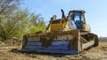 Heavy equipment machine wheel loader on construction jobsite. Close-up of bulldozer or excavator working with soil on highway Royalty Free Stock Photo