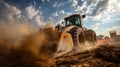 Heavy equipment operator skillfully moving soil at a construction site, showcasing powerful machinery in action with dramatic Royalty Free Stock Photo