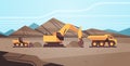 Heavy excavator loading soil on dump truck professional equipment working on coal mine production mining transport