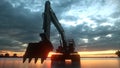 Heavy excavator over orange sunset background. 3d rendering Royalty Free Stock Photo