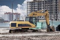 Heavy excavators at a construction site. Construction equipment for earthworks. Quarry excavator. Improvement of the territory and