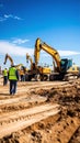 Heavy excavators and construction workers on a busy job site under a clear blue sky Royalty Free Stock Photo