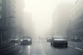 Heavy fog causes difficulties for transportation. Cityscape with cars on the highway on a foggy morning. Generation AI