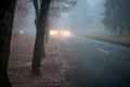 Heavy fog on the road in the early morning. City street with cars in the distance is in poor visibility. The bright light of the Royalty Free Stock Photo