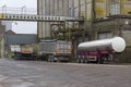 Heavy goods Vehicle articulated trailers parked up on Kennedy Wharf in Cork Harbour Ireland on a snowy day