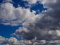 Heavy gray rain clouds in the blue sky. Atmosphere, air, cloudy, soon rain