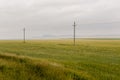 Heavy grey clouds in the cold autumn sky over green fields, trees, forests, streams. Before storm. Electric poles Royalty Free Stock Photo