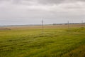 Heavy grey clouds in the cold autumn sky over green fields, trees, forests, streams. Before storm. Electric poles Royalty Free Stock Photo