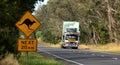 Heavy haulage transportation in rural Victoria, with the danger of wildlife springing onto the road.