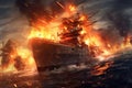 Bismarck warship on fire in the battle