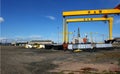 Heavy industrial cranes in the famous Harland and Wolff shipyard Royalty Free Stock Photo