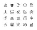 Heavy industry line icons. Oil gas production nuclear electric station fuel refinery barrel. Power storage industrial