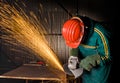 Heavy industry manual worker with grinder