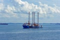 Heavy lift cargo ship transporting an oil rig platform