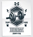 Heavy load power lifting championship vector advertising poster created with disc weight dumbbell, kettle-bell sport equipment and Royalty Free Stock Photo