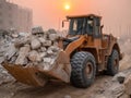 Heavy Loader at Sunset Amidst Construction Site Debris and Dusty Environment Royalty Free Stock Photo