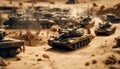 Heavy machinery on battlefield, armored tanks clash generated by AI