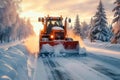 Heavy machinery clears winter road, ensuring safe travel conditions