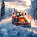 Heavy machinery clears winter road, ensuring safe travel conditions